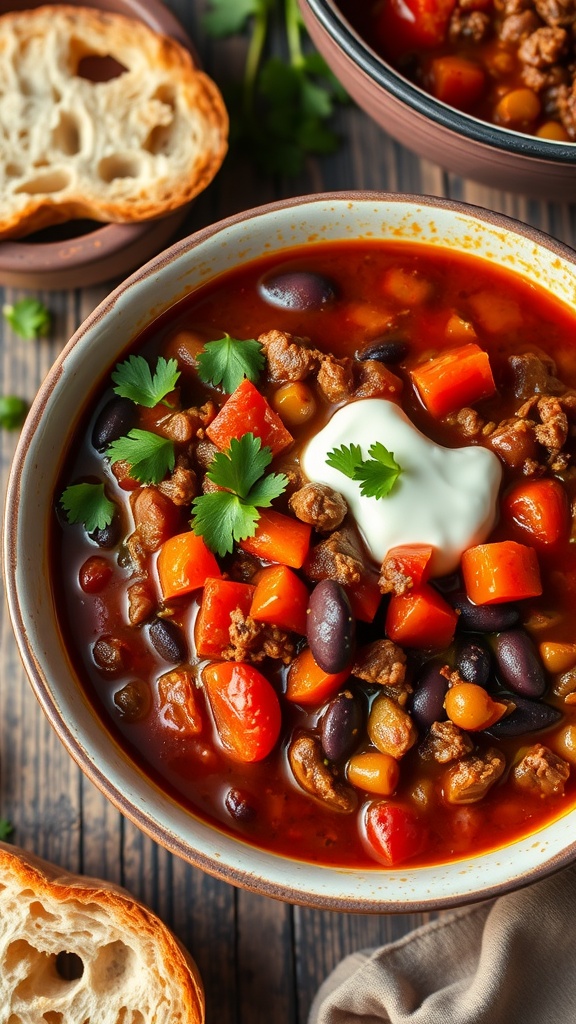 A hearty bowl of spicy beef chili con carne with beans and tomatoes, garnished with cilantro and sour cream, on a rustic table with bread.
